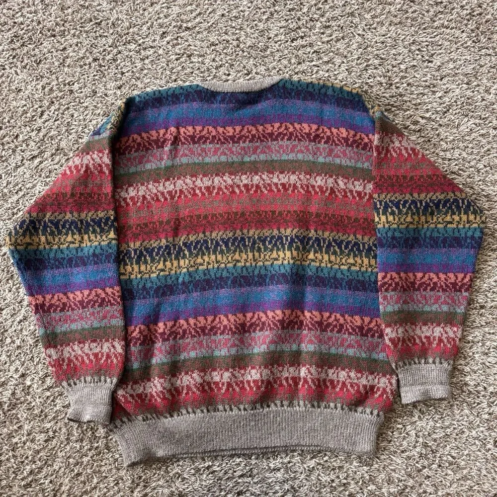 Peruvian Connection Alpaca Grandpa Sweater Colorful Geometric Pattern Crew Lg